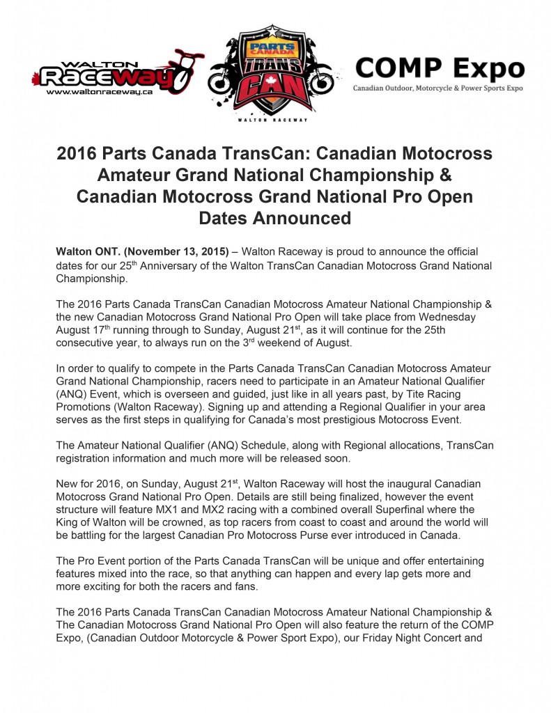 2016PartsCanadaTransCan-CanadianMotocrossAmateurGrandNationalChampionshipCanadianMotocrossGrandNationalProOpenDatesAnnounced