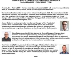 Yamaha Motor Canada Announces Corporate Leadership Team Changes
