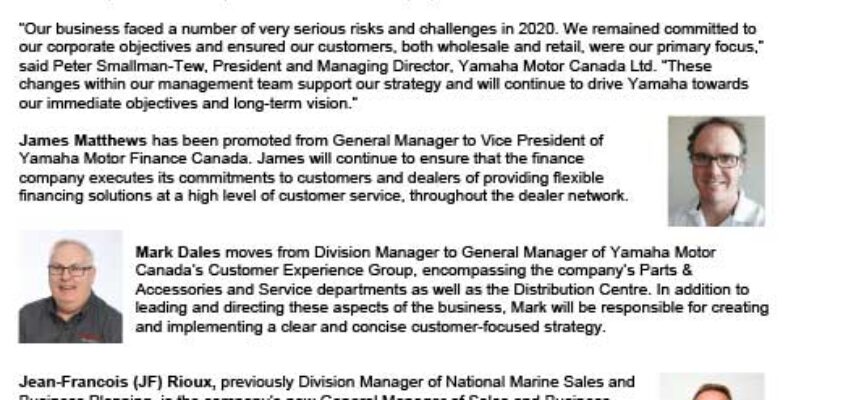 Yamaha Motor Canada Announces Corporate Leadership Team Changes