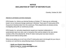 57 Bikes Stolen from KTM Canada Warehouse
