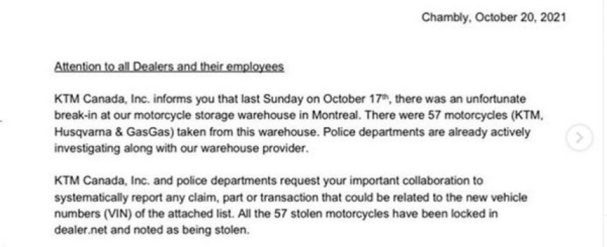 57 Bikes Stolen from KTM Canada Warehouse
