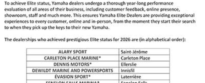 Yamaha Motor Canada Announces 2026 Elite Dealers