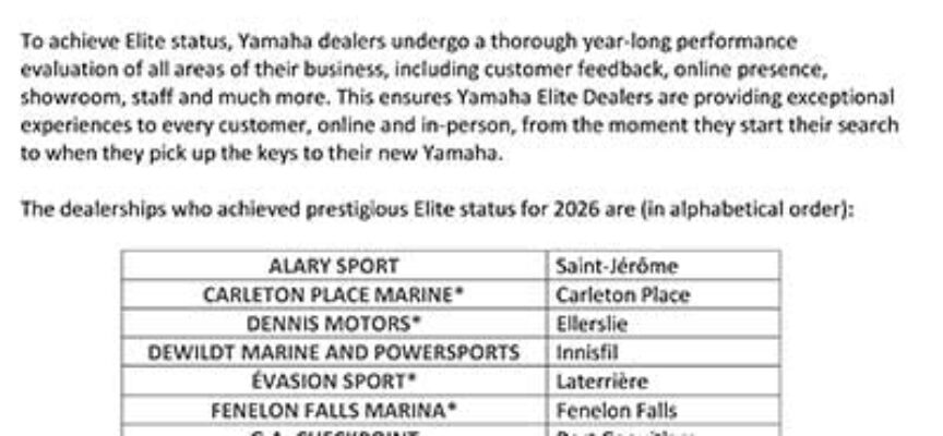 Yamaha Motor Canada Announces 2026 Elite Dealers