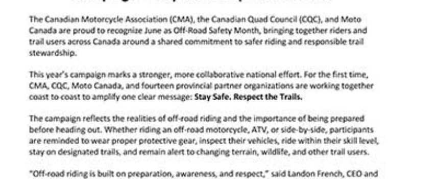 Canada’s Off-Road Community Unites for June Safety Campaign: “Stay Safe. Respect the Trails”