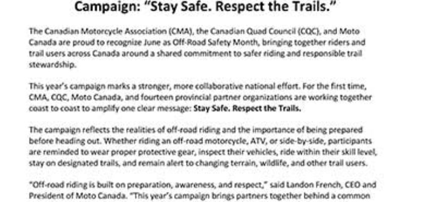 Canada’s Off-Road Community Unites for June Safety Campaign: “Stay Safe. Respect the Trails”