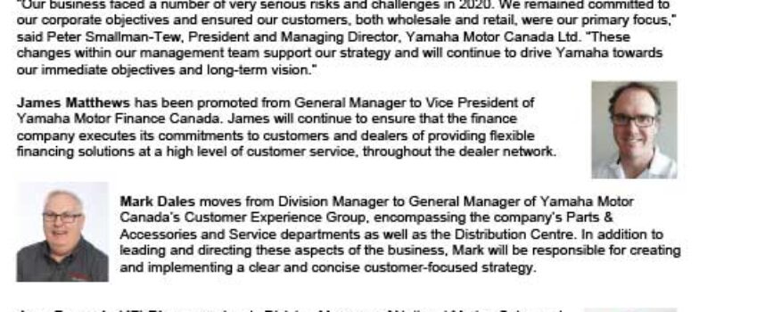 Yamaha Motor Canada Announces Corporate Leadership Team Changes