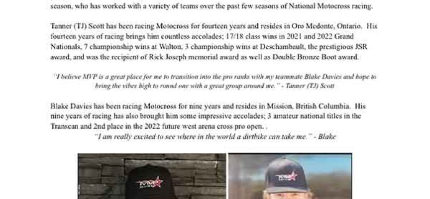 MVP Racing Announces Tanner Scott and Blake Davies for 2023 Racing Team