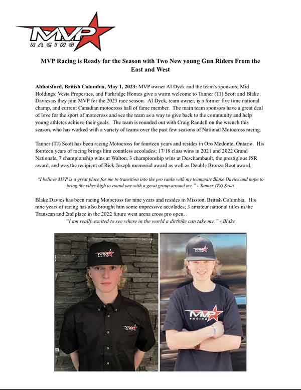 MVP Racing Announces Tanner Scott and Blake Davies for 2023 Racing Team ...